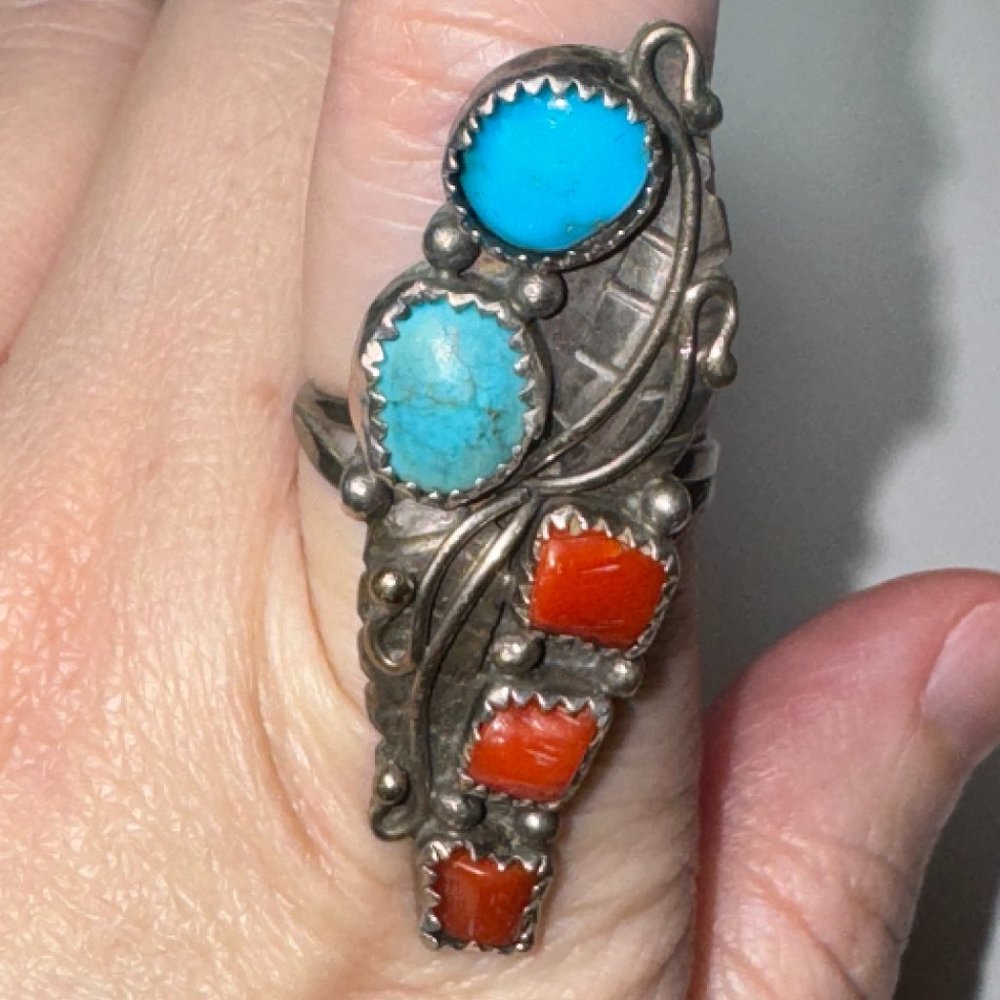 Sterling Silver Turquoise And Coral Ring, Size 9